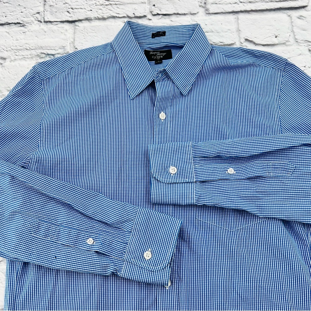 J. Crew Factory Thompsons Shirtings Men's M 15-15.5 Blue White Micro Check - Picture 2 of 9